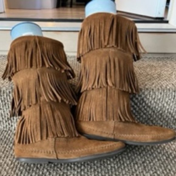 MINNETONKA 3-LAYER SUEDE FRINGE MOCCASIN SZ. 8 - Picture 5 of 6
